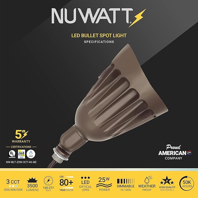 NUWATT 25W Bullet Spot Lights Outdoor LED Landscape Light 3500 LM Bright Outdoor Lighting for Yard 30K/40K/50K Selectable 1/2 Knuckle Mount 120-277V Waterproof Flag Pole Lights (6-Pack)