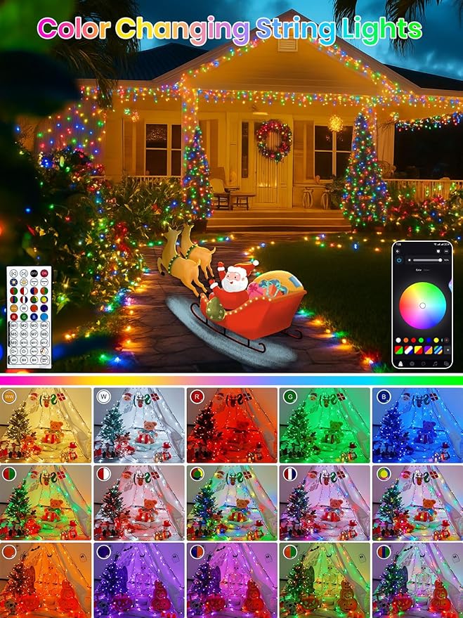 500LED Smart Color Changing Christmas Lights App Controlled 175FT Waterproof RGB Twinkle String Light Music Sync Multiple Modes Christmas Lights with Remote &amp Timer Indoor Outdoor Xmas Decoratio