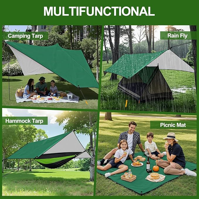 Rhino Valley Waterproof Tent Tarp 9.8 × 9.8 Ft Large Outdoor Shelter Cover with Light Strings Lightweight Portable Tarp Shelter Rain Tarp Camping Canopy for Hiking Traveling Backpacking