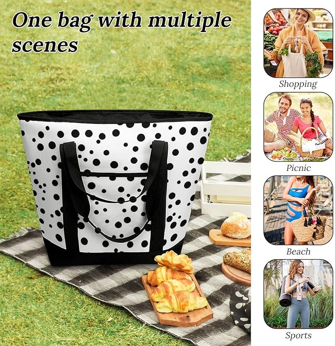 Insulated Shopping BagLarge Reusable Cooler Bags Black And White Polka Dot Printed Foldable Shopping BagTravel Waterproof Shoulder Bag