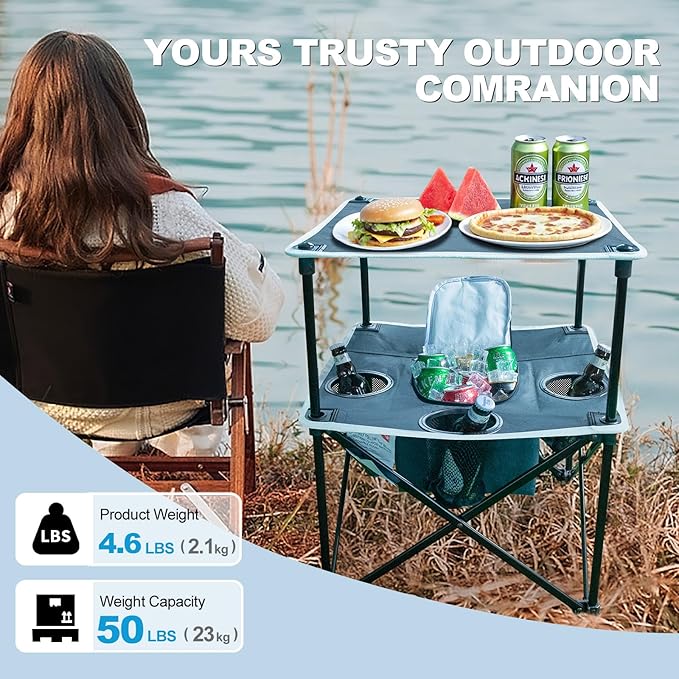 Folding Beach Table Camping Table for Sand with Insulated Cooler Storage &amp 4 Cup Holders Portable Pop Up Picnic Table Lightweight Side Table for Outdoor