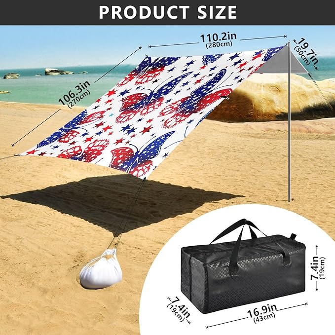 American Flag with Butterflies Beach Tent Sun Shelter 9.2' x 10.5' Beach Canopy with 4 Sandbags 4 Stability Poles Sand Shovels - Tent Canopy for Beach Camping Fishing Picnics