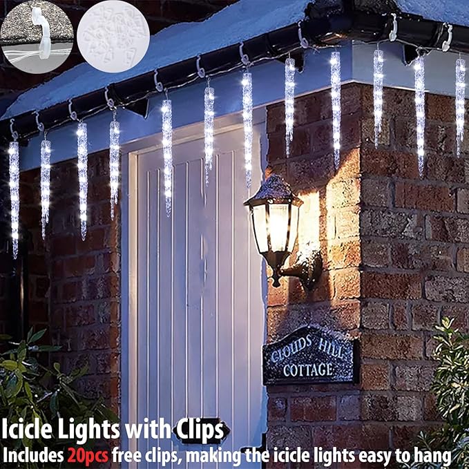 Cool White Christmas Icicle Lights - 20 Large Tubes Outdoor/Indoor Crystal Ice Hanging Lights 29FT 8 Mode with Timer Meteor Shower LED Light for Decoration