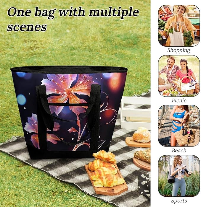 Insulated Shopping BagLarge Reusable Cooler Bags Cool Decorative FLowers Printed Foldable Shopping BagTravel Waterproof Shoulder Bag