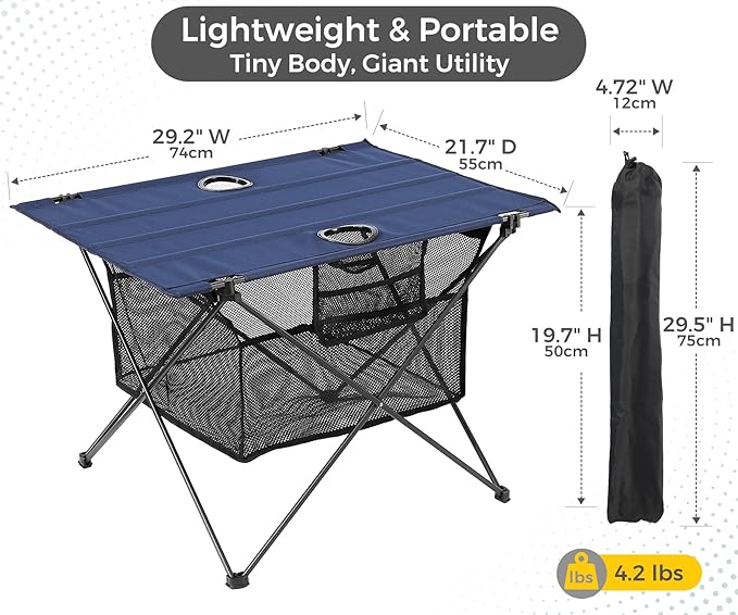 Lightweight Camping Table - Portable Folding Beach Side Table w/2 Cup Holders &amp Large Storage Basket Compact Fold for Tailgate Travel Outdoor Fishing Picnic | 29.2 W x 21.7 D (Blue)