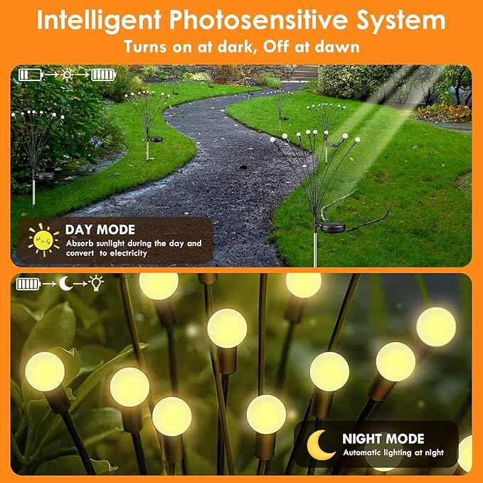 Solar Garden Lights 8 Pack 64LED Solar Firefly Lights Waterproof Garden Light Outdoor with 2 Lighting Modes Swaying Light for Outside Yard Walkway Patio Lawn Flower Bed Decoration (Warm White)
