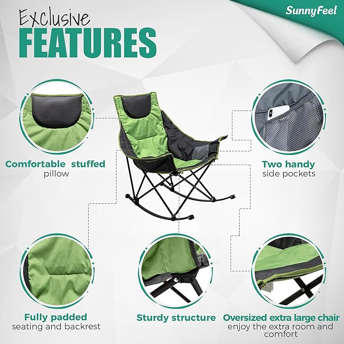 SUNNYFEEL Rocking Camping Chair Luxury Padded Recliner Oversized Folding Lawn Chair with Pocket Heavy Duty for Outdoor/Picnic/Lounge/Patio Portable Camp Rocker Chairs with Carry Bag