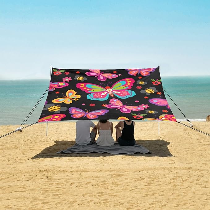 Bolaz Beach Canopy Tent Sun Shade9'×10.5' Large Family Beach Shade UPF50+- Outdoor Shade for Camping Trips FishingBeautiful Butterfies Pattern