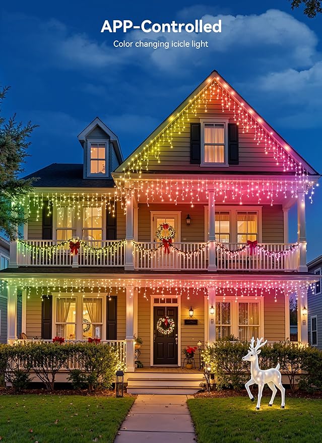 Smart Icicle Lights for Outside - 33ft 304 LED Color Changing Icicle Christmas Lights Outdoor - APP Controller 50+Preset Modes 16M Color Customize DIY Dynamic Lighting Effect