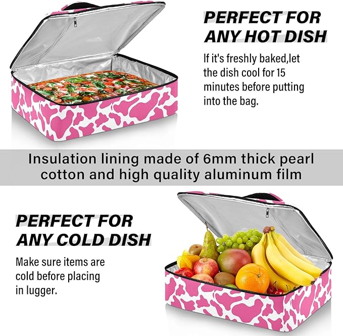 Casserole Carrier Pinkish and White Cow Print PatternInsulated Casserole Carrier for Hot or Cold Food Thermal Lunch Tote for Potluck Parties Picnic Beach Fits 9 x 13 Inches Baking Dish