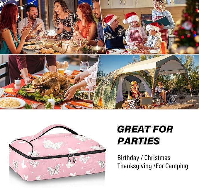 Casserole Carrier Beautiful Pink Pattern ButterfliesInsulated Casserole Carrier for Hot or Cold Food Thermal Lunch Tote for Potluck Parties Picnic Beach Fits 9 x 13 Inches Baking Dish