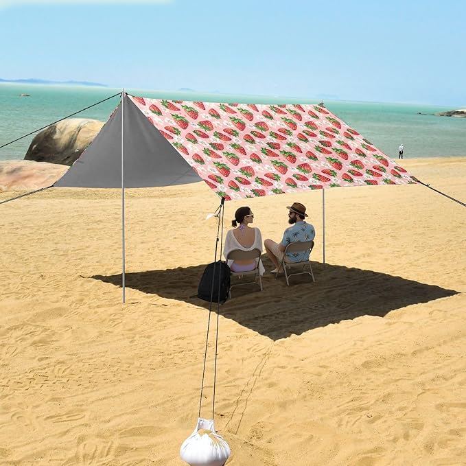 ALAZA Strawberry Daisy Pink Beach Tent Sun Shelter UPF50+ Protection Beach Shade Canopy w/ 4 Sandbags for Outdoor Camping Fishing Backyard Fun Picnic 10x9 ft