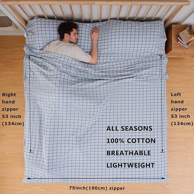 100% Cotton Sleeping Bag Liner with Full Length Zipper on 3 Sides Single/Double Adult Sleep Sack for Travel &amp Camping Multifunctional Travel Sheets (Unzipped 87”x87”) for Hotel Lightweight
