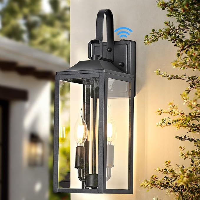 OKELI 17.6 Dusk to Dawn Outdoor Lighting 2-Light Black Wall Lantern for Porch Outside Wall Sconces with Tempered Glass Shade Anti-Rust Wall Lights Outside Light for Garage Foyer