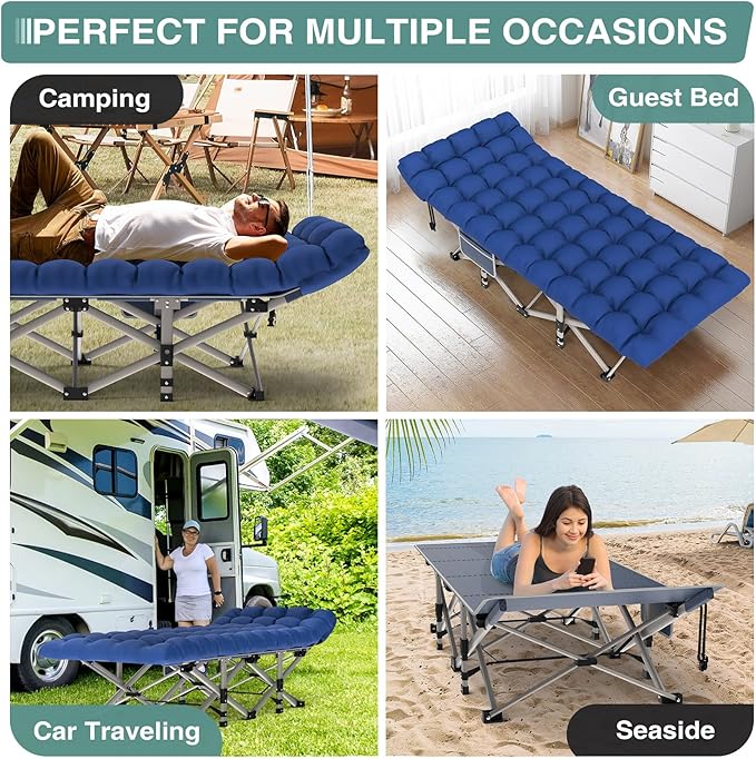 Seeutek Folding Camping Cot for Adults with Carry Bag Portable Bed with Detachable Cushion Waterproof 1200D Oxford Fabric Cot Bed for Camping Hunting Lounging Camping Cots Blue Cot &amp Gray P