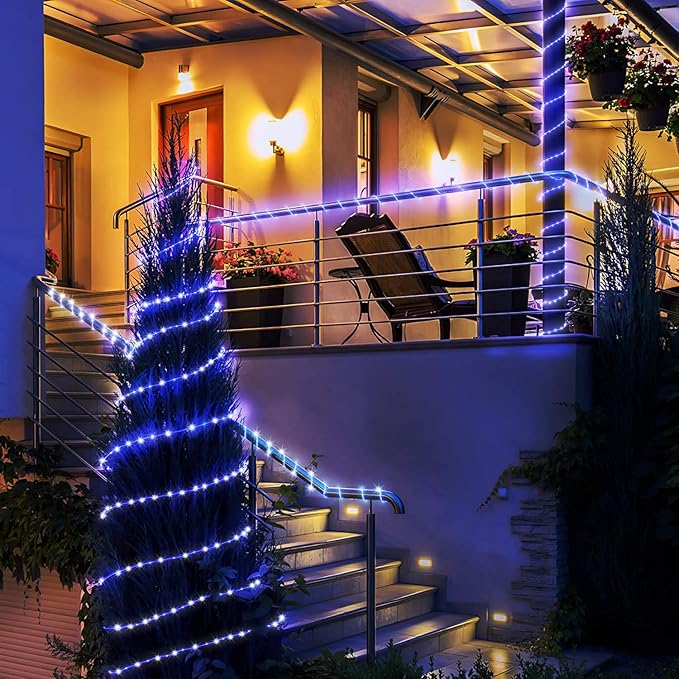 New Upgraded Solar Rope Lights Outdoor Waterproof 19 Modes 300 LED 105ft Solar String Lights with Remote Timing Dimmable Tube Light for Outside Pool Tree Patio Yard Christmas Decoration (300LED-Blue)