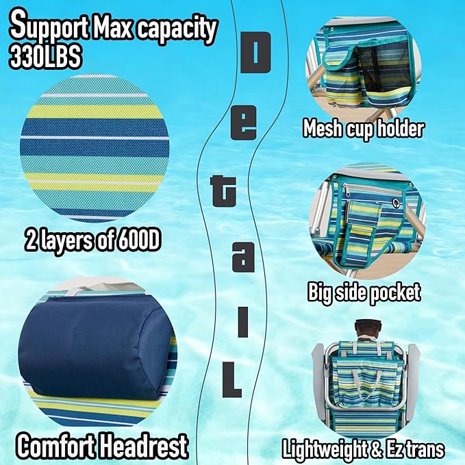 Aluminum Backpack Low Profile Beach Chair - 5-Position Lay Flat Reclining Folding Chair with Removable Cooler Bag - Heavy Duty 330 lbs Capacity Lightweight Portable Sand Seat - Striped Green