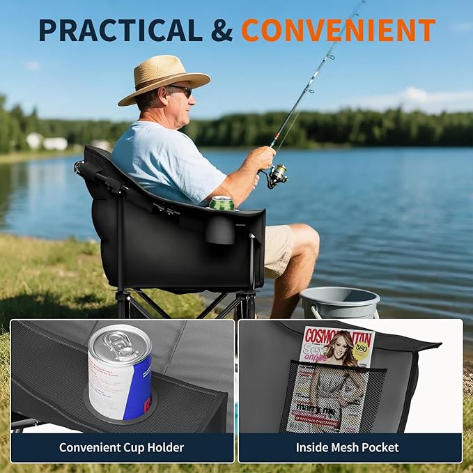 NAIZEA Padded Camping Chair Outdoor Folding Chair Portable Heavy Duty Arm Chairs with Side Pockets Cup Holder for Beach Lawn Picnic Fishing Backpacking