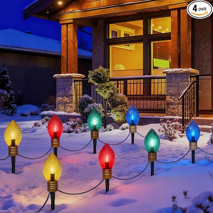 Jumbo C9 Christmas Pathway Lights Outdoor 6.5Ft C9 Giant Christmas Walkway Lights with 4 LED Strawberry Multicolor Bulbs Jumbo Yard Decoration Stakes Lights for Outside Lawn Garden Driveway Holiday