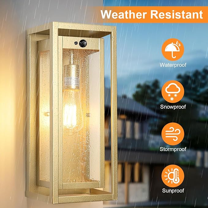15 Motion Sensor Gold Outdoor Light Fixture Wall Mount 3 Lighting Modes Waterproof Anti-Rust Wall Sconces 2 Pack Exterior Lighting Fixtures for Front Door Porch Garage
