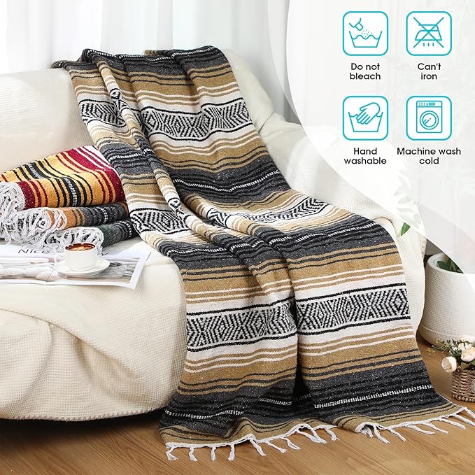 Oudain 4 Pack Mexican Blankets 45 x 70 Inch Cotton Woven Serape Throw Blanket Baja Yoga Blanket for Beach Picnic Camping Boho Couch Decor Travel Outdoor (Fall Color)