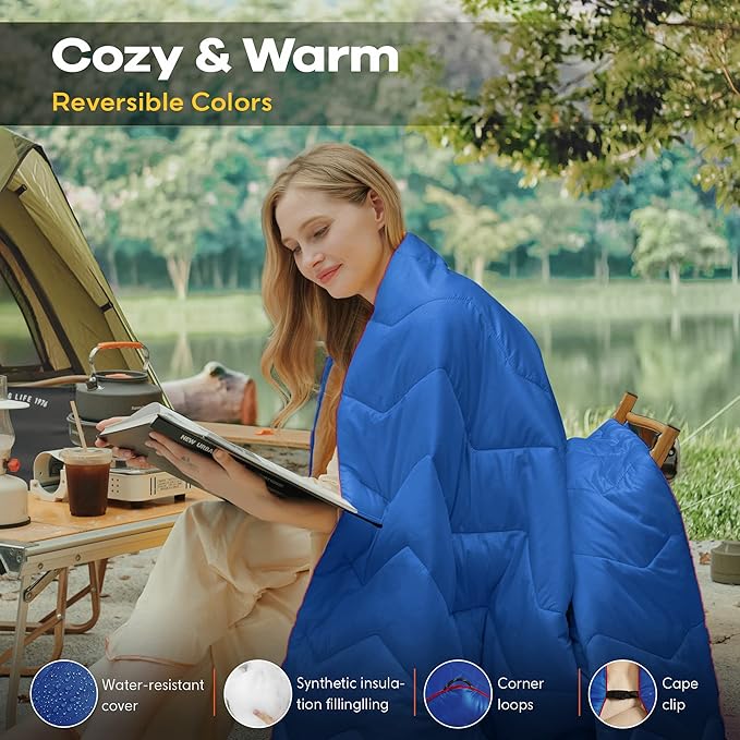 UNIKOME Waterproof Puffy Camping Blanket - Lightweight Packable Outdoor Quilt with Corner Loops Warm Compact Blanket for Cold Weather Hiking Picnic Stadium Travel 75×52 Blue