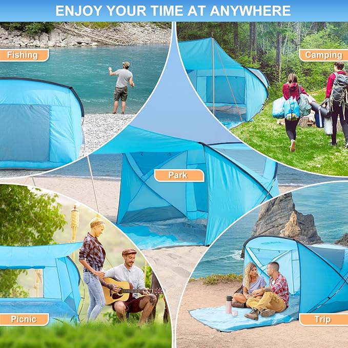 Beach Tent with Canopy Beach Cabana Sun Shelter for 4-6 Person Lightweight Portable Beach Cabana with UPF 50+ Sun Shelter and Ventilation Windows Ideal for Family Fun and Outdoor Camping