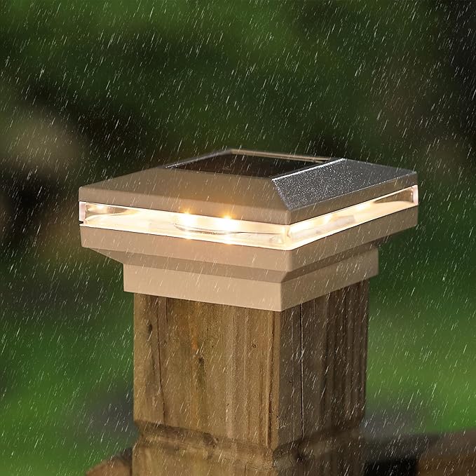 Dynaming 12 Pack Solar Post Lights Outdoor Solar Powered Decorative Post Cap Light White Shell &amp Warm White LED Lighting for Fence Deck Patio Only Fit 3.5x3.5 Wooden Posts