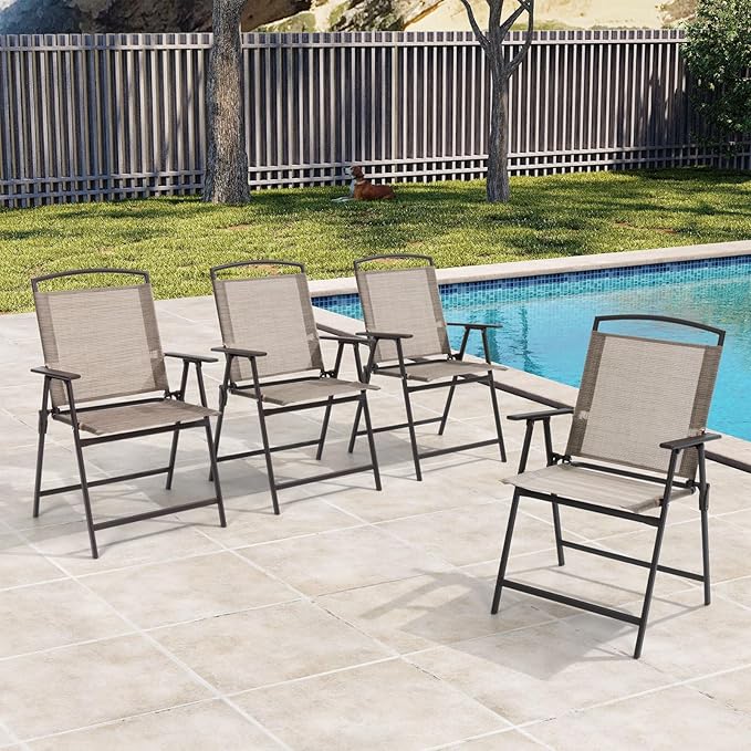 Crestlive Products Patio Folding Chairs Set of 8 Outdoor Folding Chairs with Durable Rust-Resistant Frame and Breathable Textilene Material for Outside Beige
