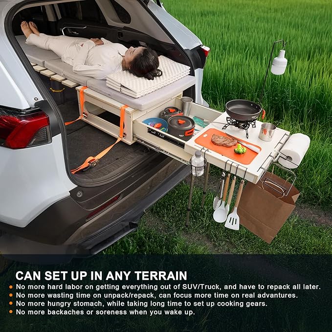 SUV Sleeping Bed Platform Slide Out Overland Kitchen All in One Folding Camping Table with Storage Drawer Truck Bed Slide Overland Gear for SUV Trunk Car Camping Essentials Stove