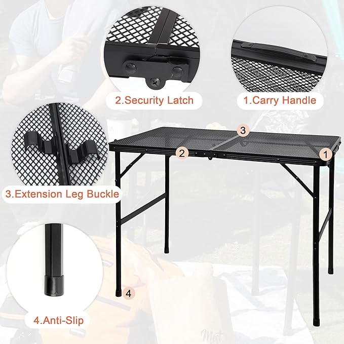 Camping Table with Mesh Desktop Lightweight &amp Portable Folding Grill Table Height Adjustable Metal Outdoor Table for Camp Cooking BBQ RV Picnic-4 FT Black