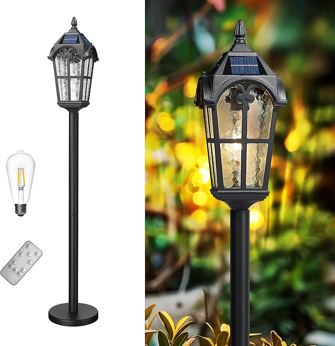 Emliviar Solar Pathway Light with Water Grain Glass Shade 46 Inch Classic Post Lamp with Round Base in Black Finish Portable Floor Lamp for Outdoor Travel LED Bulb Included YXE302PL-ML SL BK