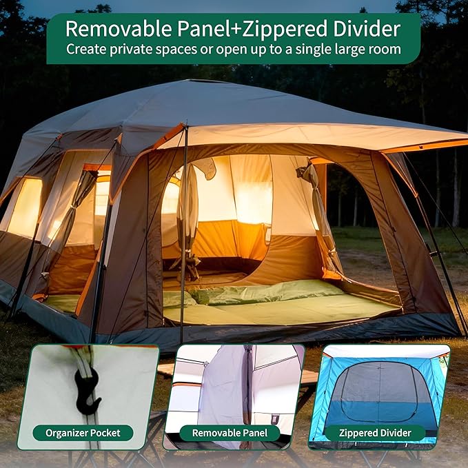 Large Family Standing Upright Camping Tent - 5-12 Persons Multi-Room Waterproof Tent with Screened Porch - Glamping Tent for Outdoor Camping &amp Family Vacation