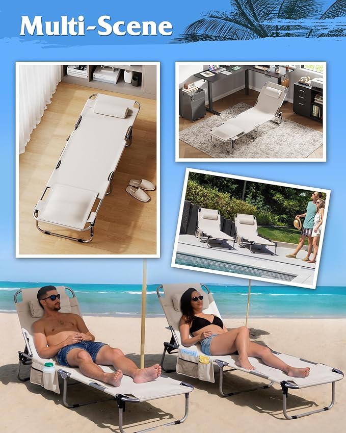 WLIVE Outdoor Tanning Chair 5-Position Folding Beach Chair with Face Hole for Adults Portable Patio Lounge Chair for Beach PoolCamping Beige