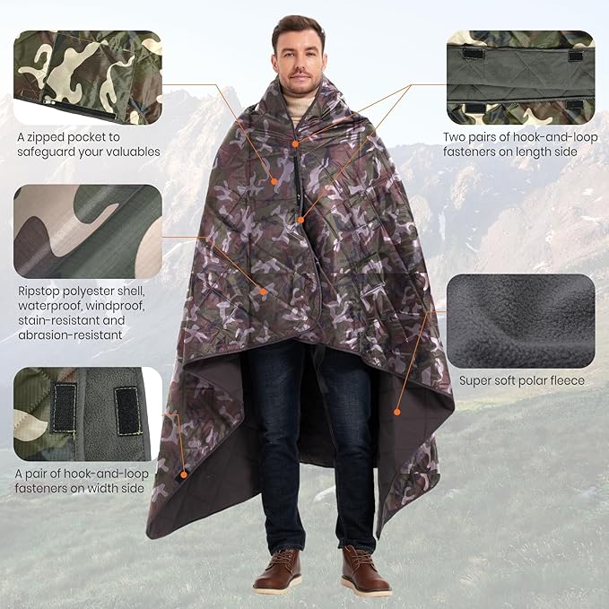 4-in-1 Large Outdoor Blanket - Waterproof &amp Windproof Thickened Warm Fleece Camping Blanket for Stadium Hiking Sporting Events - 81x57 Packable (Camouflage)