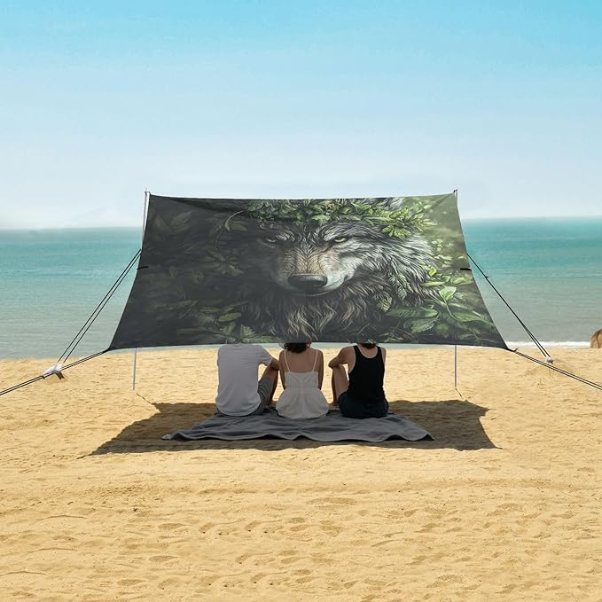 ALAZA Wolf of Forest Beach Tent Sun Shelter UPF50+ Protection Beach Shade Canopy w/ 4 Sandbags for Outdoor Camping Fishing Backyard Fun Picnic 10x9 ft
