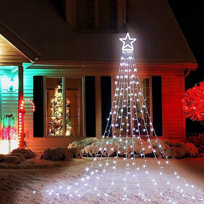 Christmas Decoration Lights Outdoor Christmas String Lights 320 LED 11.5 Ft Waterfall Tree Light with Big Star Topper 8 Light Modes for Xmas New Year Holiday Garden Yard Indoor Outdoor Decor