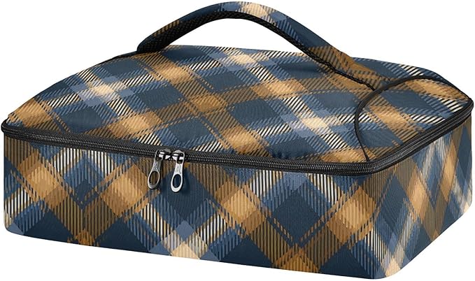 Casserole Carrier Pattern Blue Brown Tartan Plaid Insulated Casserole Carrier for Hot or Cold Food Thermal Lunch Tote for Parties Picnic Travel Carry Bag