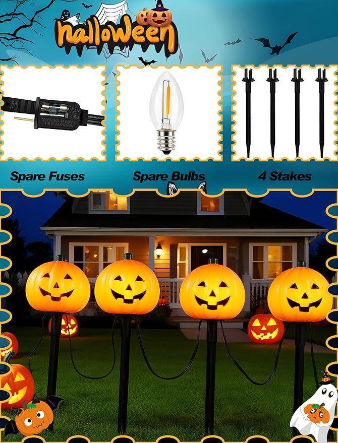 4 Pack Halloween Pumpkin Pathway Marker Lights with C7 Clear Bulbs 7Ft Pumpkin Night Light with 4 Stakes Extendable Waterproof Pathway Decor for Yard Porch Lawn Pathway Garden Chirstmas