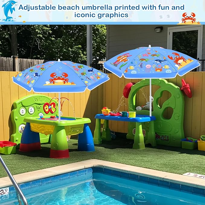 Sweetude Water Table Umbrella (Table Not Included) Kids Seaside Beach Umbrella Picnic Canopy for Summer Toddlers Sand Beach Camping Garden Outdoor Pool Shade Party Supply(Marine Animal Theme)