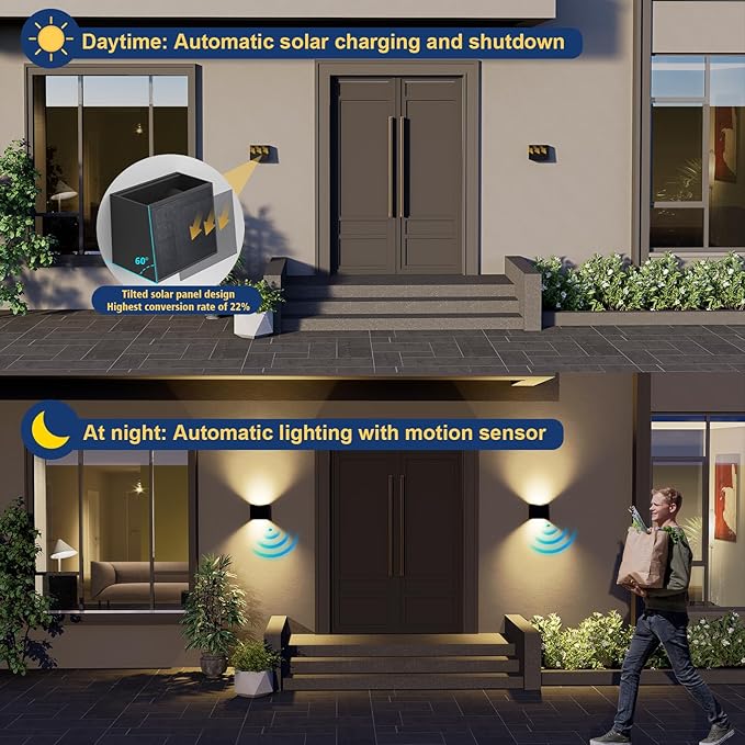 T-SUN Solar LED Wall Light Outdoor Dusk to Dawn Motion Sensor Solar Lantern Sconce with 3 Lighting Modes Wireless Exterior Porch Light Fixture for Fence Patio Yard Garage Garden