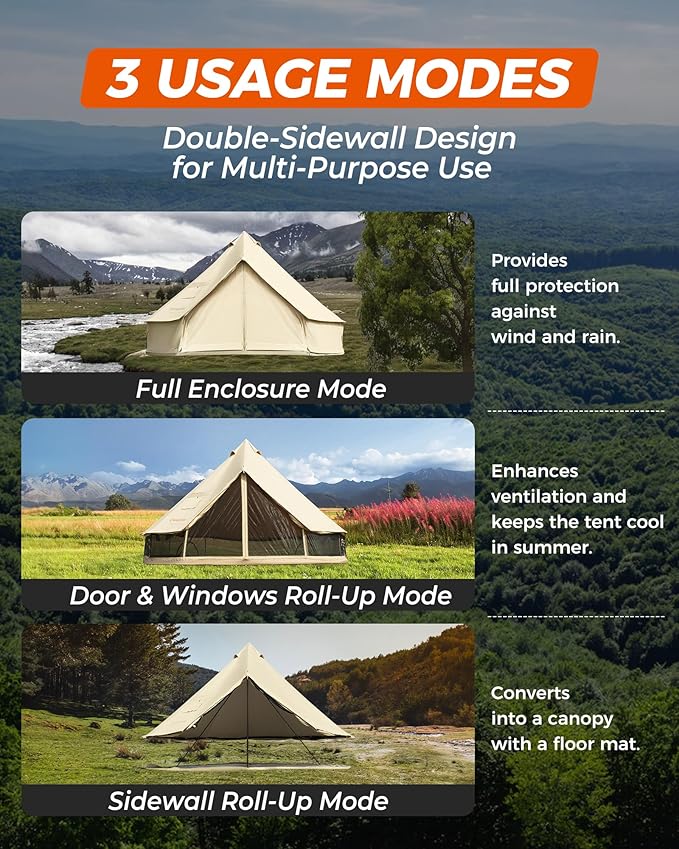 KingCamp Canvas Bell Yurt Tents with Self Inflating Sleeping Pad 4 Seasons Large Waterproof &amp Windproof Glamping Tent w/Stove Jack for Family Outdoor Camping