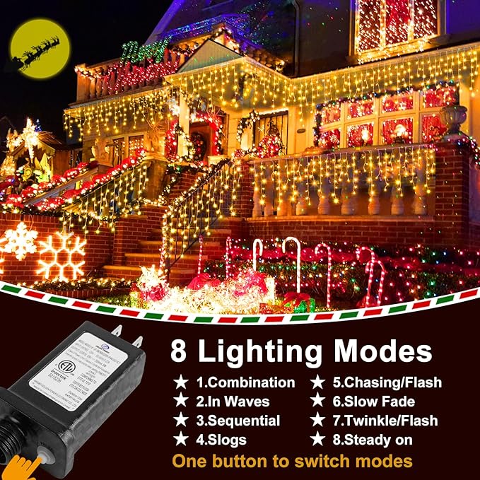KNONEW 99ft 960 LED Christmas Lights Outdoor Decorations with 180 Drops 8 Modes Curtain Fairy Light Clear Wire LED String Light Indoor Decor for Wedding Party Christmas(Warm White)