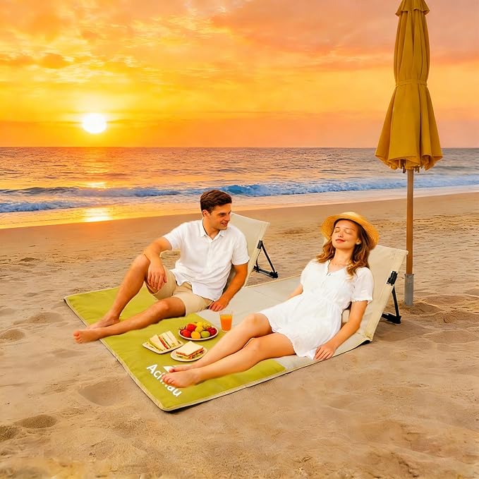 Beach Mat Lounge Chair 2-Person Foldable Lightweight Lounge Mat with Back Support600D Oxford 49x49 Widen Beach Seat Storage Bag for Holidays Garden Camping Swimmingpool (Khaki &amp Yellow)
