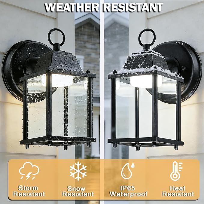 LIT-PaTH Outdoor LED Wall Lantern Wall Sconce as Porch Lighting Fixture 5000K Daylight White 9.5W 800 Lumen Aluminum Housing Plus Glass Black Finish 1-Pack