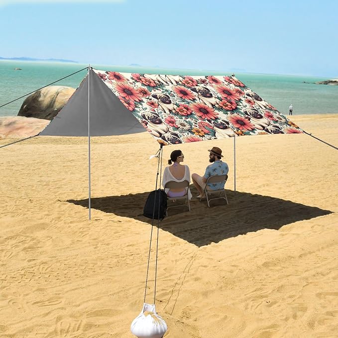 Camping Sun Shelters Pattern with Pugs and Flowers Beach Canopy 126 * 110.2in