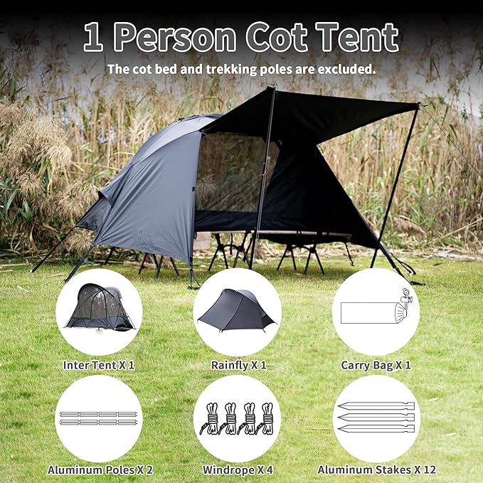 TENPLAY Cot TentCamping TentBackpacking Tent3 Way TentSolo Tent1 PersonQuick Setup70D Nylonpu5000mmUV Cut7001 AluminiumUltralightCompactOuterdoorHikingTravelMountaineering