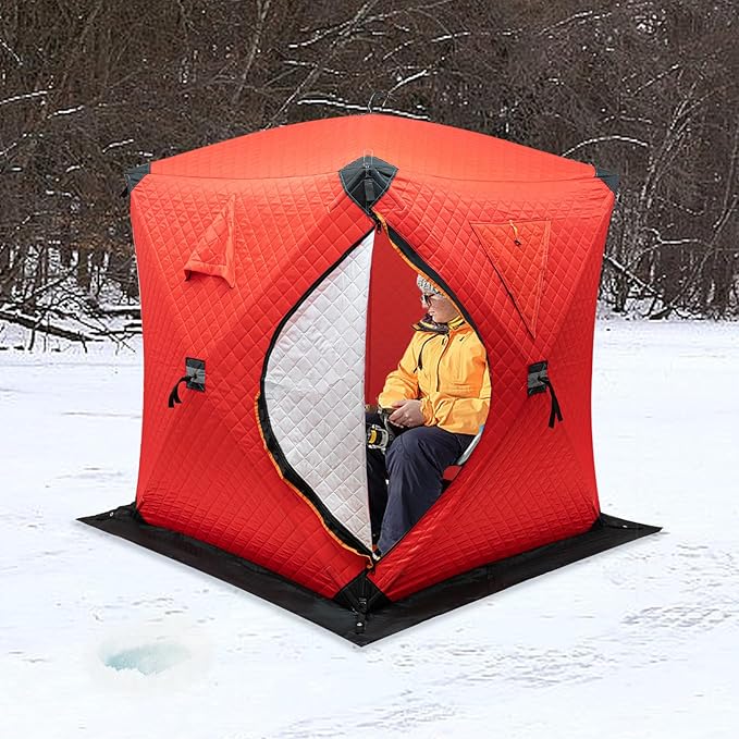 Portable Ice Fishing Tent for 1-2 Person Insulated Tent 57''×65'' Hub-Style Ice Shelter Thermal Ice-Shanty Oxford Cloth Windproof Ice-Shack for Winter-Fishing Lake River Outdoor