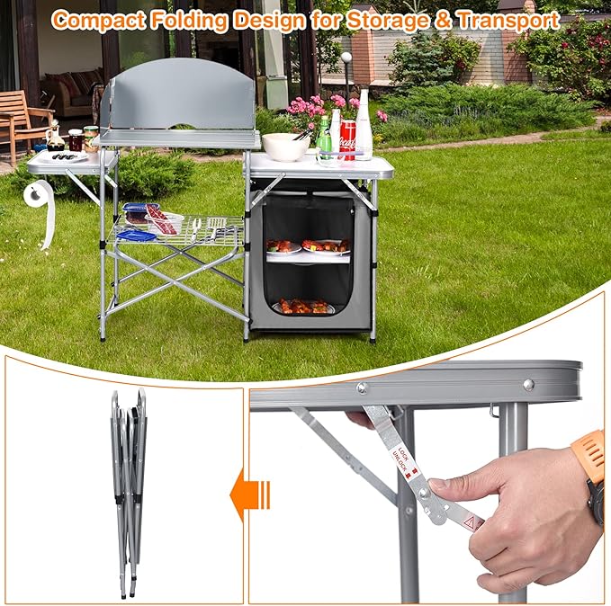 Giantex Folding Grill Table with 26'' Tabletop and Detachable Windscreen Aluminum Portable Camp Cook Station Carry Bag Quick Set-up BBQ Camping Picnic Backyard Outdoor Camping Kitchen Table (Grey)