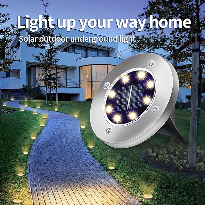 Aogist Solar Ground Lights - 12 Pack 8 LED Waterproof Outdoor Disk Lights for Pathway Yard Walkway Patio Lawn Path (Warm White)